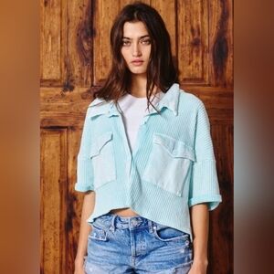 BUCKETLIST Light Blue Cropped Waffle-Knit Button Shirt